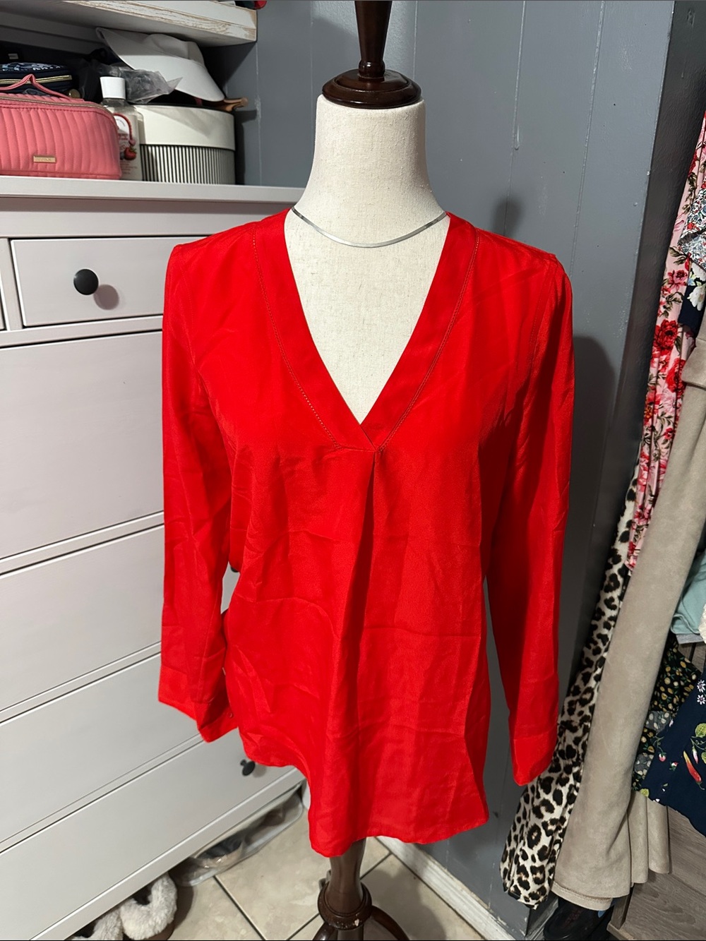 J. Crew Bright Red V-Neck Long Sleeve Blouse